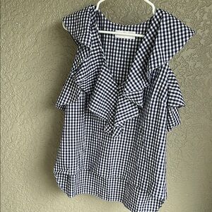 Amanda Uprichard Gingham Ruffle Sleeveless Top - navy and White